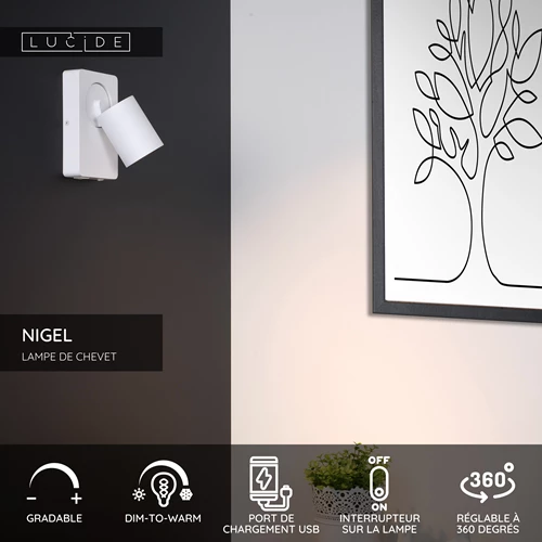 Lucide NIGEL - Lampe de chevet / Applique mural - LED Dim to warm - GU10 - 1x5W 2200K/3000K - Point de rechargement USB - Blanc - USP